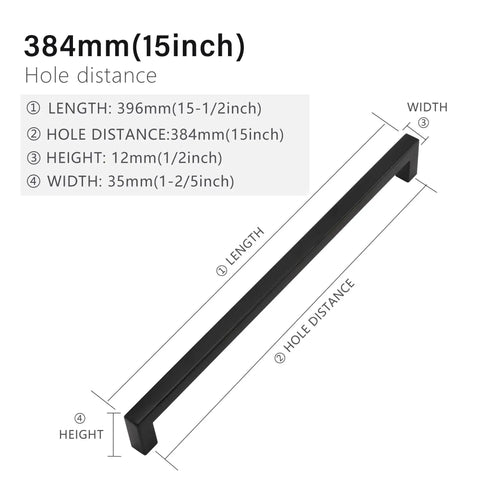 Matte Black Cabinet Handles Square Drawer Pulls 2 Pack, 396 Mm Total Length, 12 Mm Width, 35 Mm Height, Stainless Steel Kitchen