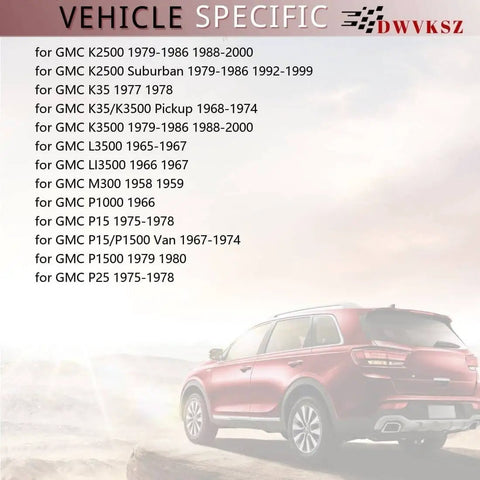 Red GMC SUV parked on a desert background with vehicle-specific models list in the foreground, featuring various GMC models and years.