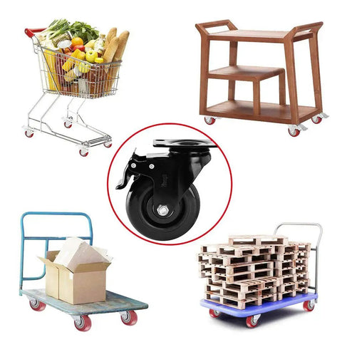 Beefy 3 Inch PVC Heavy Duty Swivel Caster Wheels Set Of 4 With Dual Locking Brakes Rubber Non Marking shown with carts and trolleys