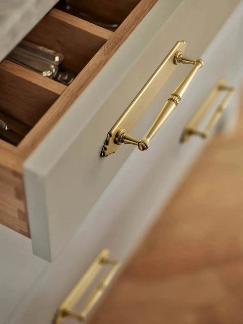 Champagne Bronze Cabinet Pulls 5.04 Inch Center To Center With Back Plate Zinc Alloy 2 Pack installed on kitchen drawer