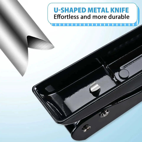 Close-up of U-shaped cutter head on Heavy Duty Single Hole Punch With One Quarter Inch Hole 30 Sheet Capacity in black.