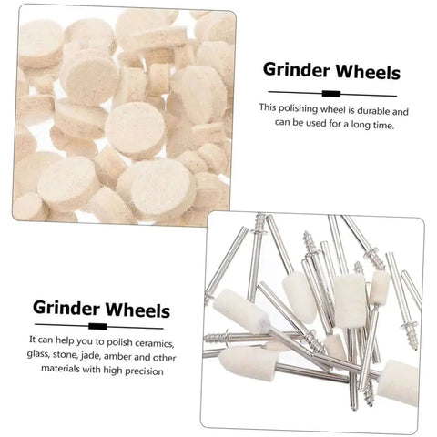 120 Piece Wool Felt Polishing Wheels Kit with Mandrel Shank for Rotary Polisher Buffing Wheels A Real Workhorse for Metal Plastic Jewelry Finishing and Buffing in Tight Spots and Small Parts, showing various grinding wheels with shanks.
