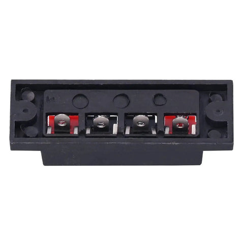 Front view of 4 Way Speaker Connector Spring Loaded Terminal Kit Black ABS Metal Build for Easy Wiring Handles Zero to Two Hundred Fifty Volts Three Amps
