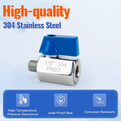 1/8-inch mini ball valve in 304 stainless steel with blue lever handle, male to female NPT threads, PN63