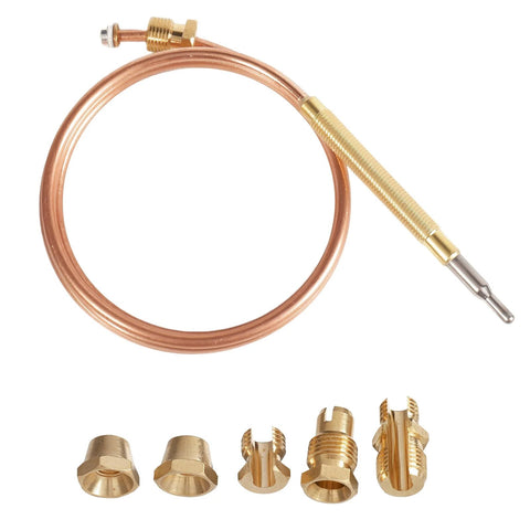 Gas thermocouple kit with 900mm copper coil, universal brass adapter nuts, and M6x0.75/M9x1 fittings.