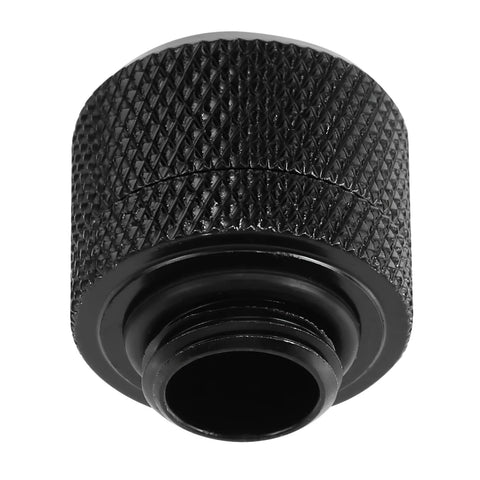 Black knurled compression fitting for soft tubing, G1/4 to 3/8 inch ID, 1/2 inch OD, for PC water cooling.