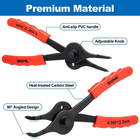 Snap Ring Pliers Set 10 Piece Kit For Internal And External Retaining Rings With Bent And Straight Tips Heavy Duty Automotive Tools Include Pick And Storage Case, featuring PVC handle and carbon steel construction.