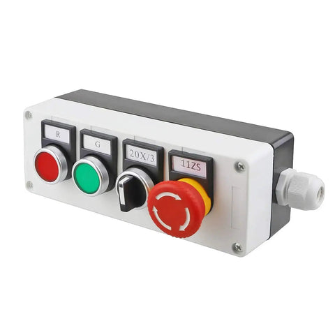 Red Green Push Button Emergency Stop Switch with Latching 3 Position Selector 2NO 1NC Rotary Switch in metal box, no light, 4 terminals.