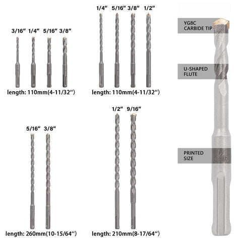All SDS Plus Rotary Hammer Drill Bit And Chisel Set, 17 Piece, With Storage Case Berserker Carbide Tipped Bits For Concrete Masonry Stone Brick Cement, Compatible With All SDS Plus Hammers Beast, various sizes visible