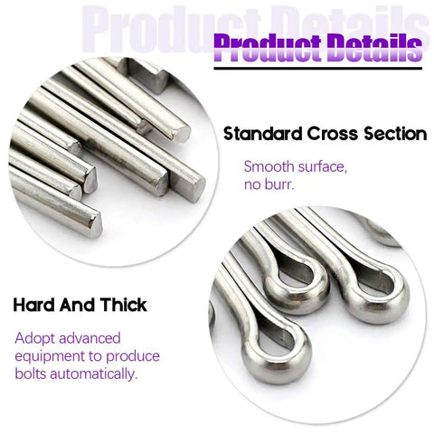 Close-up of the 340 Piece 304 Stainless Steel Cotter Pin Clip Assortment Kit showing hairpin style and smooth cross section