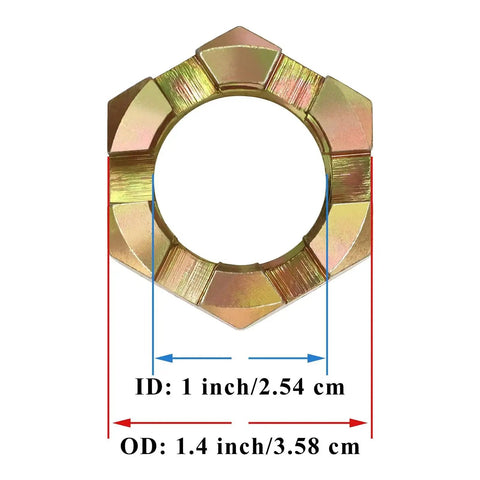 Heavy Duty Trailer Nut Kit For One Inch Shaft Spindle Includes One Inch Spindle Nuts Spindle Washers And Two Point Two Inch Long Cotter Pins High Strength Trailer Axle Bearing Kit For Durable Replacement And Prolonged Trailer Life showing nut dimensions.
