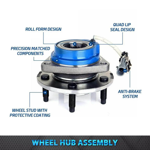 Front view of Set of 2 Front Wheel Hub and Bearing Assemblies, 5-Lug ABS, Fits 2006-2011 Buick Lucerne, 2005 Chevy Uplander 2WD with key features labeled