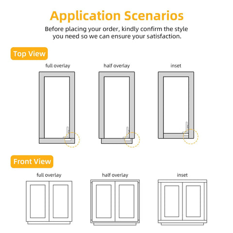 Diagrams showing top and front views for full overlay, half overlay, and inset cabinet applications.