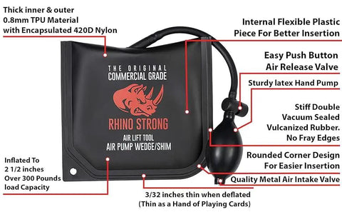 Heavy Duty Commercial Grade Air Wedge Bag 2.0 Pump Leveling Kit and Alignment Tool Shim Bag 2 Pack Medium Size shown with hand pump and features