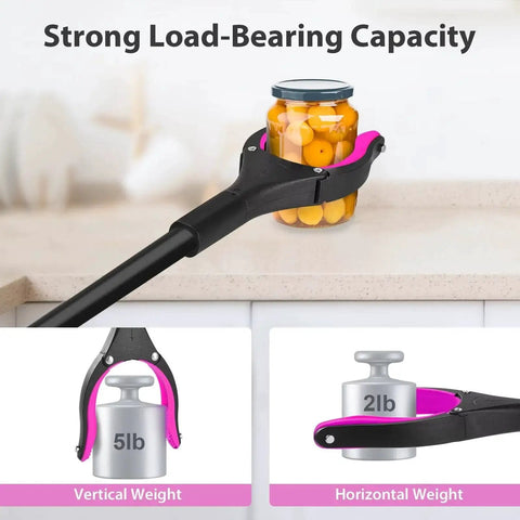 36 Inch Foldable Grabber Reacher Tool With 360 Degree Rotating Jaw And Two Magnets For Easy Trash And Small Item Pickup Lightweight Senior Friendly Long Reach Reacher For Outdoor Cleanup And Everyday Tasks Pink displaying load-bearing capacity handling a jar and weights.