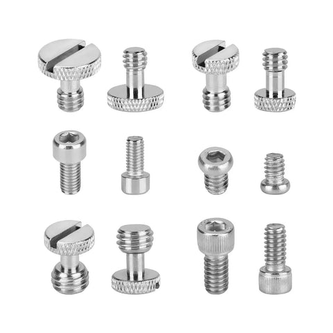 16 Piece Screw Nut Kit With 1/4-20, 3/8-16 And M5 Threads For DSLR Cage Rigs And Camera Accessories, shown in slotted and hex heads.
