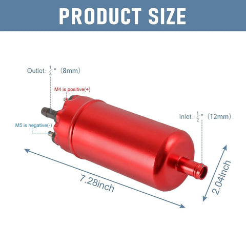 External In Line Fuel Pump High Pressure 12V For Gasoline Fuel Injection Replacement Kit, red, with dimensions and connectors