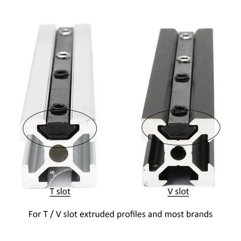Comparison of black V slot and silver T slot extruded aluminum profiles for various assembly projects.