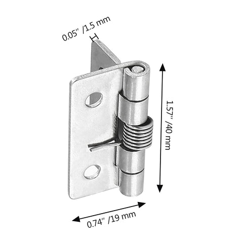 Close-up of stainless steel spring-loaded cabinet hinge, 1.5 inch length.