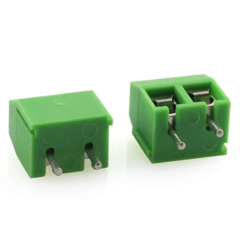 20 Pack 5mm 2 Pin Screw Terminal Block Connector For PCB Mount Arduino Projects 300V 10A Wire Range 22 To 14 AWG front and side view