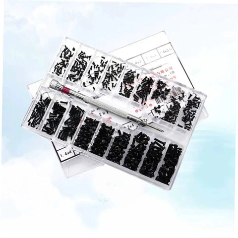 Small Screw Kit for DIYers and Pros miniature countersunk flathead screws in a clear storage box, carbon steel, for repairing glasses and electronics