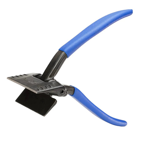 Offset 3 Inch Seamer Tong For Sheet Metal Bending And Forming With One And Quarter Inch Throat Depth Ideal For HVAC Auto Repair And Home Improvement Midwest Made In USA MWT ST2 And Durable Build, shown in side view with blue handles.