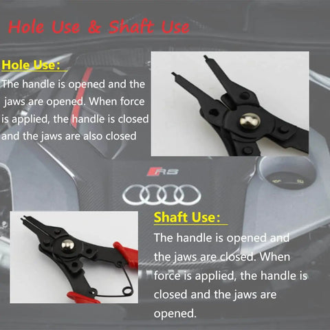 4 In 1 Snap Ring Pliers Set With 3 Interchangeable Jaw Heads Pro Grade And Heavy Duty Angled 45 Degree 90 Degree And 180 Degree For Auto And Engine Repair Red shown with jaw options and usage instructions.