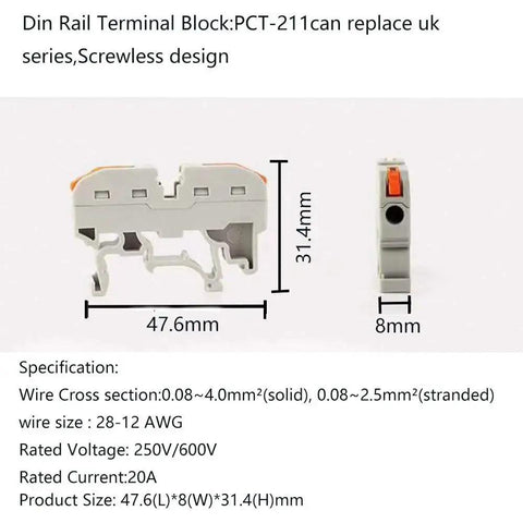 Plug In DIN Rail Terminal Blocks For Easy Screwless Wire Insertion Universal Compact Connector Set with side dimensions and specs