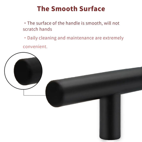 Close-up of matte black cabinet pull with smooth surface. Part of Twenty Pack Matte Black Cabinet Pulls With 96 Millimeter Hole Center For Easy Install And A 5.7 Inch Overall Length Stainless Steel Hardware For Kitchen Cabinets Bathroom Drawers And Closet Shelves.