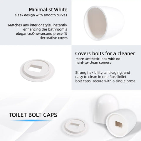 Universal Toilet Bolt Caps Pack of 6, White 1.44 Inch Round Push On Covers With Washers, top view, and side view shown.