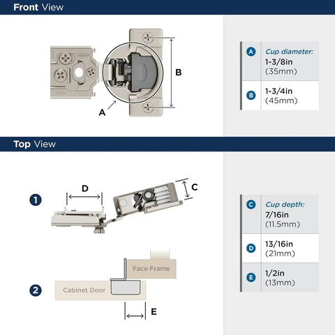 Diagram showing front and top view of Soft Close Concealed Hinge Set For Face Frame Cabinets Half Inch Overlay 105 Degree Opening 3 Way Adjustable Durable Compact Hardware 2 Pack By Amerock, highlighting dimensions and mechanism details.