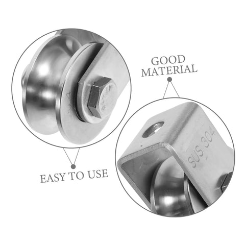 Close-up of Stainless Steel Industrial Pulley Wheel For Cable Guide Roller Heavy Duty Beefy Roller with SUS 304 markings