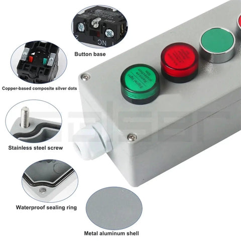 Industrial Grade Metal Push Button Control Box Explosion-Proof Junction Waterproof Enclosed Emergency Switch with labeled parts