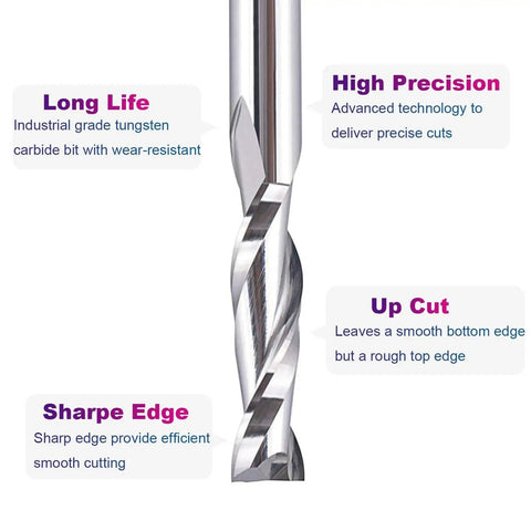 Close-up of a spiral router bit from the Up Cut Spiral Router Bits Set For Woodworking 5Pcs SpeTool, highlighting precision and edge quality.