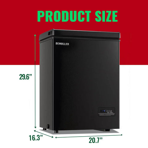 Front view of 3.5 Cu Ft Chest Freezer With Temperature Display And Removable Basket, black, with dimensions shown.
