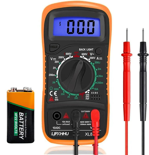 Digital Multimeter Voltmeter And Battery Tester With Backlit LCD For AC DC Voltage DC Current Resistance Continuity Diode Transistor HFE Test And Car Battery Check Includes Test Leads with battery and test leads