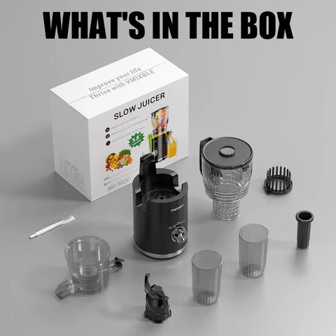 Front view: cold-press slow juicer with 5.8-inch feed chute; includes juice container, pulp filter, two cups.