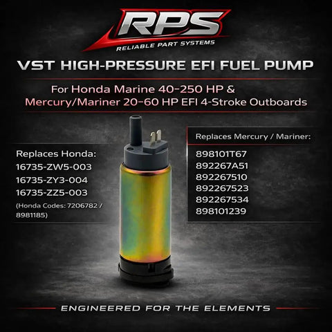 Honda EFI Outboard High Pressure Fuel Pump Built Beefed Up For Forty To Two Hundred Fifty HP BF Series And Mercury F Thirty To F Sixty Four Stroke Engines OEM Replacement Five Sixteenth Inch Inlet Outlet Marine Drop In Ready For Honda And Mercury Boats