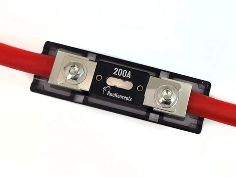 0 Gauge In Line ANL Fuse Holder With 200 Amp Fuse For Car Audio Power Wiring, Easy Set Screws, Accepts 0 Or 2 Gauge Wire