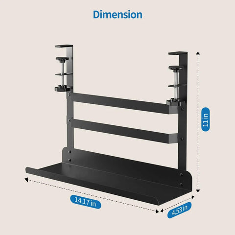 Under Desk Cable Management Tray With No Drill Clamp Mount in black metal, dimensions 14.17 x 4.53 x 11 inches, side view
