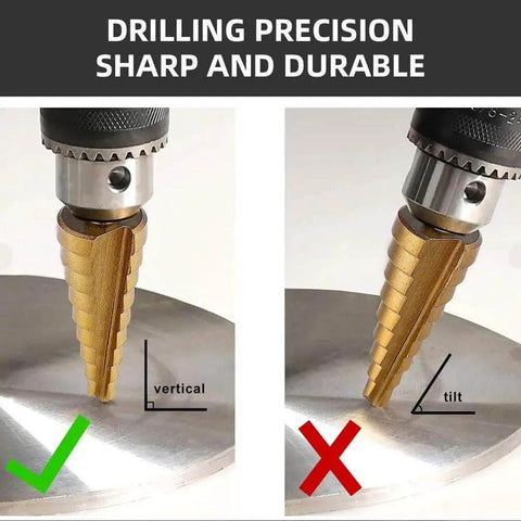 Titanium Coated Step Drill Bit Set For Aluminum Wood And Plastic Holes showing correct and incorrect drilling angles