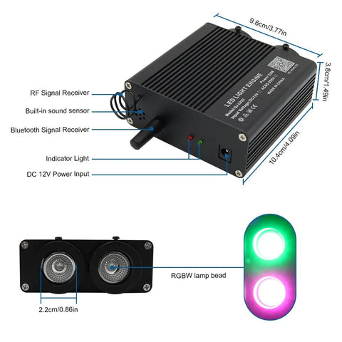 Dual Port Fiber Optic Light Kit with diagrams showing RF and Bluetooth receivers, RGBW lamp bead dimensions, 32W power input.