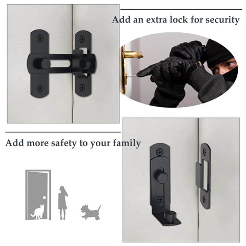 Two Pack Beefy Stainless Steel Barn Door Lock Set With 90 Degree Latch And Catches For Sliding Bathroom Doors Black Finish Heavy Duty Hardware Easy Install Quiet Secure Latching And Smooth Sliding shown installed on door with security emphasis