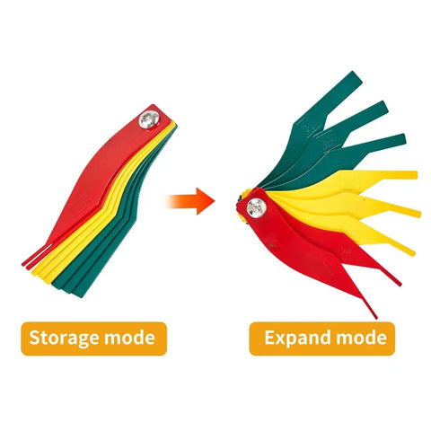 Brake Pad Thickness Gauge Tool Set Of 8 showing storage and expand modes with color-coded green, yellow, red gauges for quick brake lining check.
