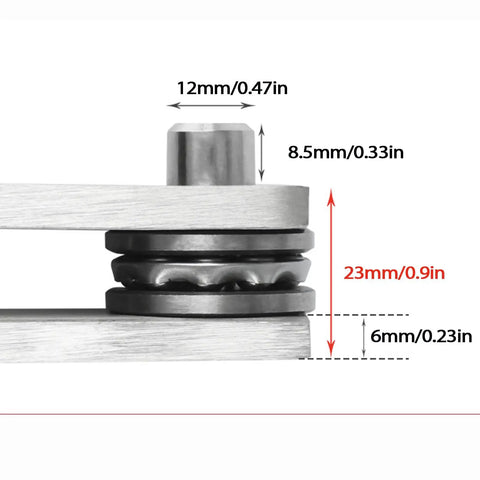 Close-up view of Invisible Door Pivot Hinges 2 Pack Set with Hidden Pivot Hinge System, showing dimensions and stainless steel material.