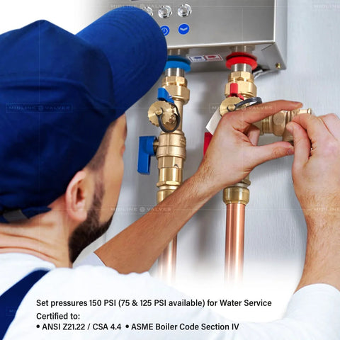 Midline GUHW-QSW256 brass pressure relief valve for tankless water heaters, 3/4 in FIP x MIP, on copper piping