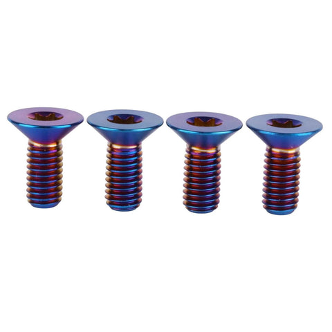 4-piece set of M5x12mm titanium torx head countersunk flat bolts in burnt blue finish, corrosion-resistant, high strength fasteners.