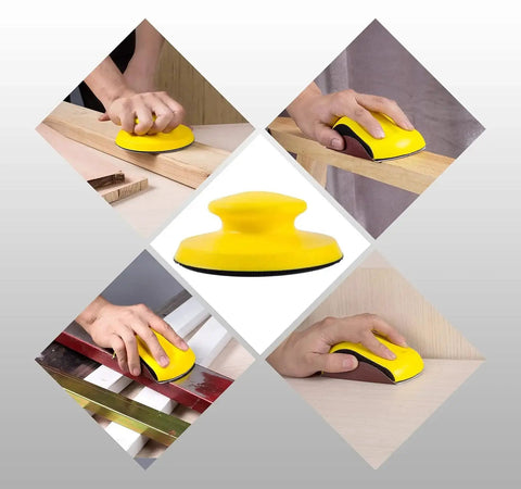 Image showing 5 Inch Hook and Loop Sanding Blocks Round and Mouse Pads for Wood in use with hand grip on various surfaces.
