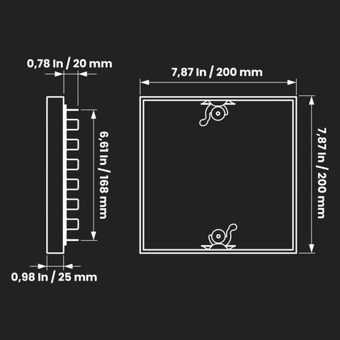 Galvanized steel duct access door, 8x8 in, hinged panel with two clasps for airtight crawl space HVAC access (Amazon)