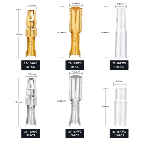 Image of 3.9mm bullet connectors, brass male and female terminals, nylon sleeves for 22-16 AWG wire, 50pcs and 100pcs labels visible
